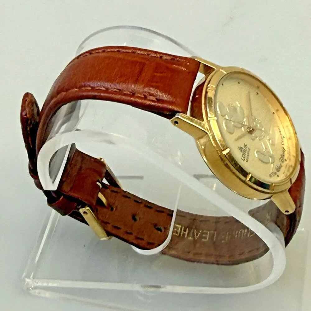 Vtg Lorus Seiko Mickey Mouse Quartz Watch V811-5410 Gold Tone Leather 30mm EUC
